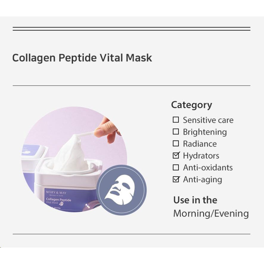 Mary & May Collagen Peptide Vital Mask EXP 01.27 | 30 Mask Sheet Pack | Youth & Glowing