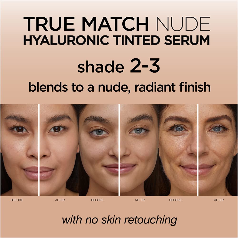 L'Oreal True Match Nude Hyaluronic Tinted Serum Foundation 30ml | Natural & Radiant Finish 2-3 LIGHT