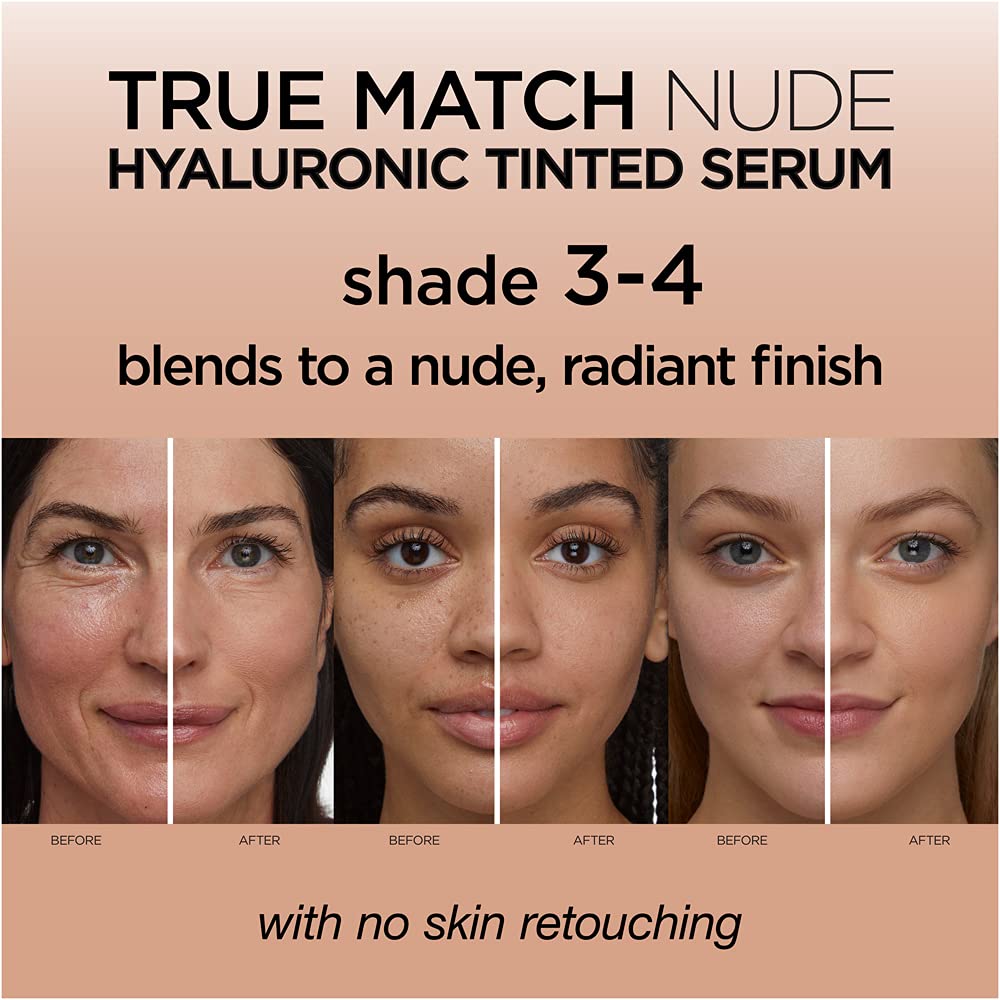 L'Oreal True Match Nude Hyaluronic Tinted Serum Foundation 30ml | Natural & Radiant Finish 3-4 LIGHT - MEDIUM